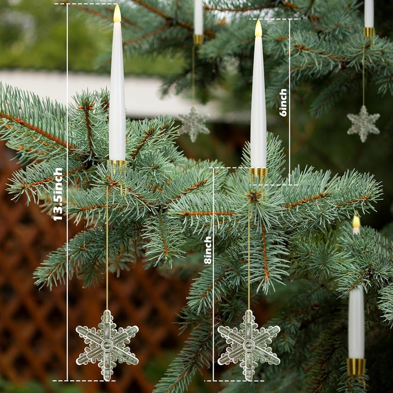 AFINETH Flameless Taper Candles for Christmas Tree Decorations, Battery Operated Christmas Candles with Remote, 12 Pack Flickering LED Candlesticks with Clear Snowflake Hooks for Xmas Tree Decoration - Image 2